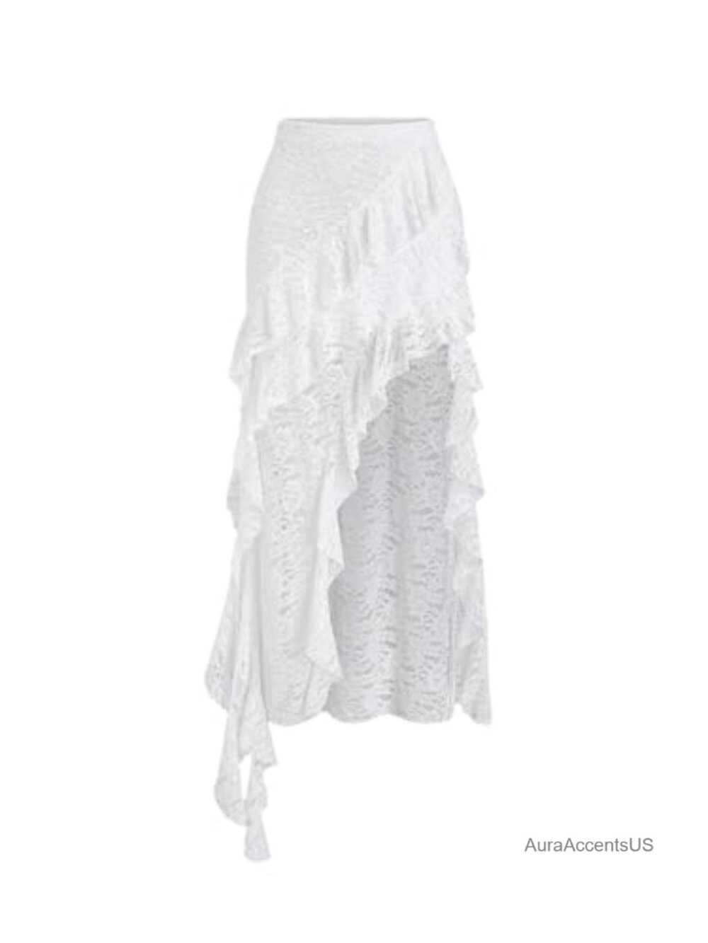 Ruffled Layered Asymmetrical Sheer Lace Maxi Skirt High Slit Fairycore Boho